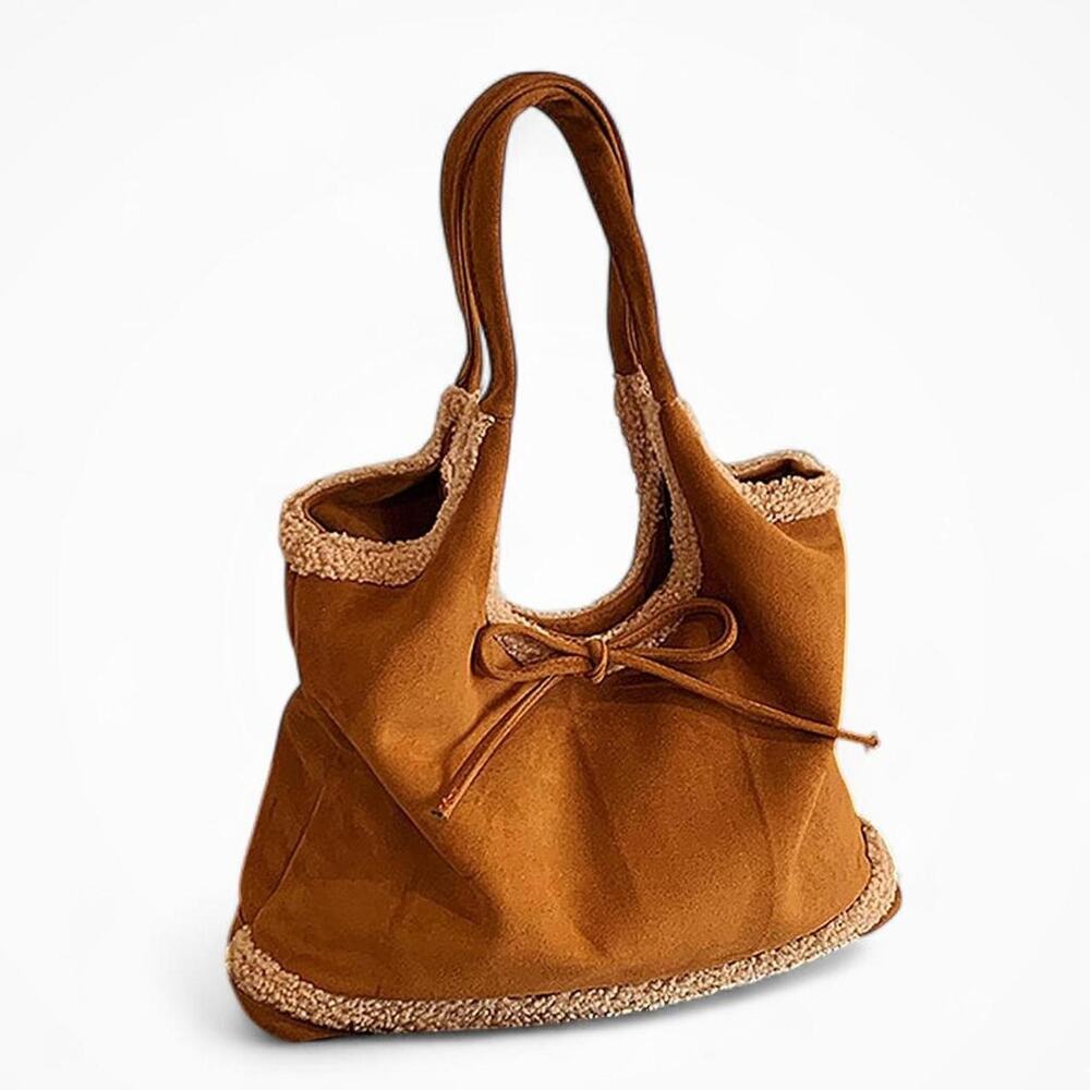 Brown Faux Suede Shearling Tote Bag